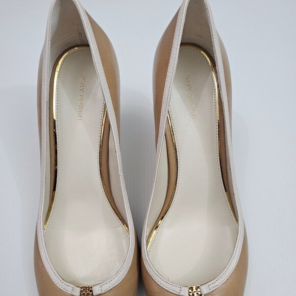 Tory Burch Double T Buckle Pump Womens 10.5 Tan Cream Leather Pointed Toe Heels - Picture 10 of 16